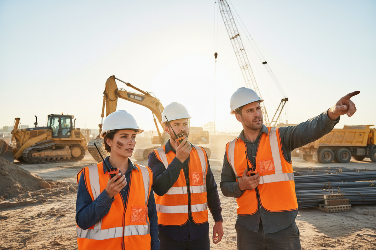 Construction jobsite workers using two-way radios