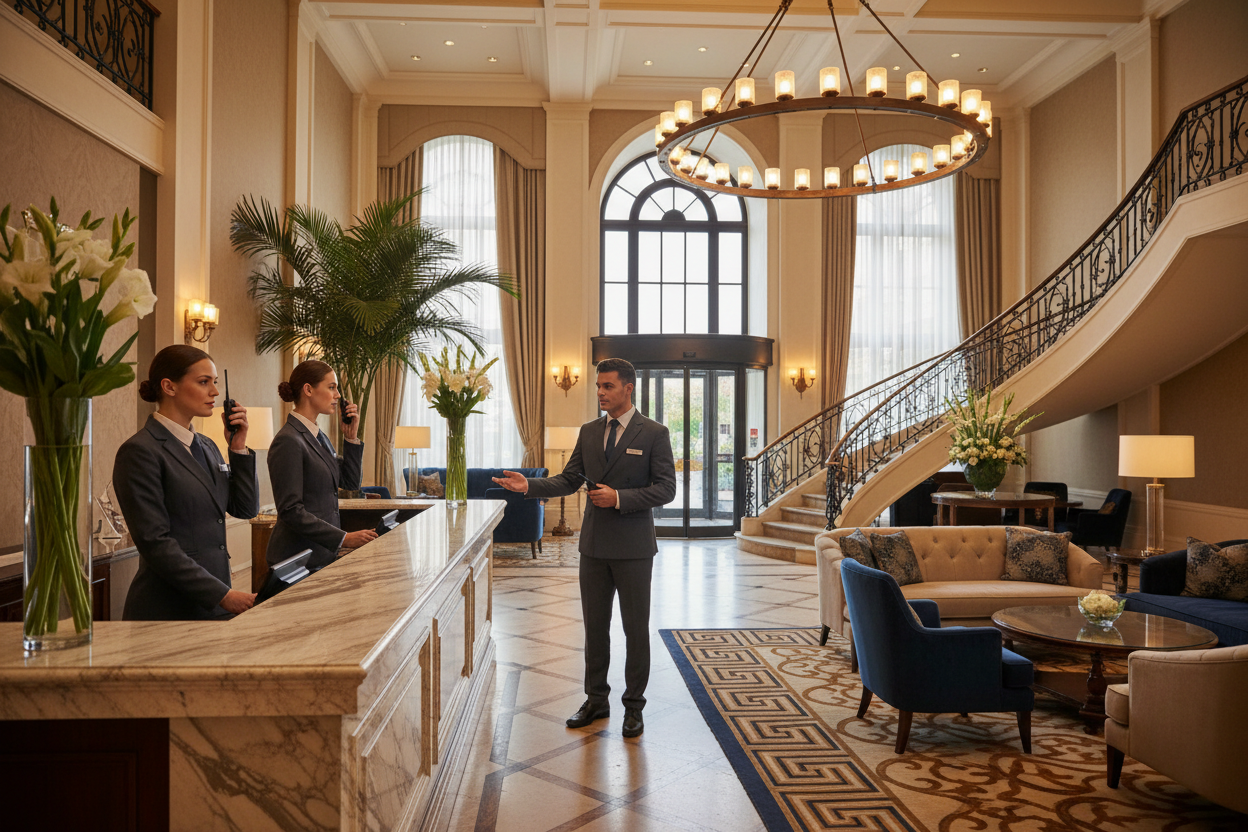 Hotel front desk staff using two-way radios