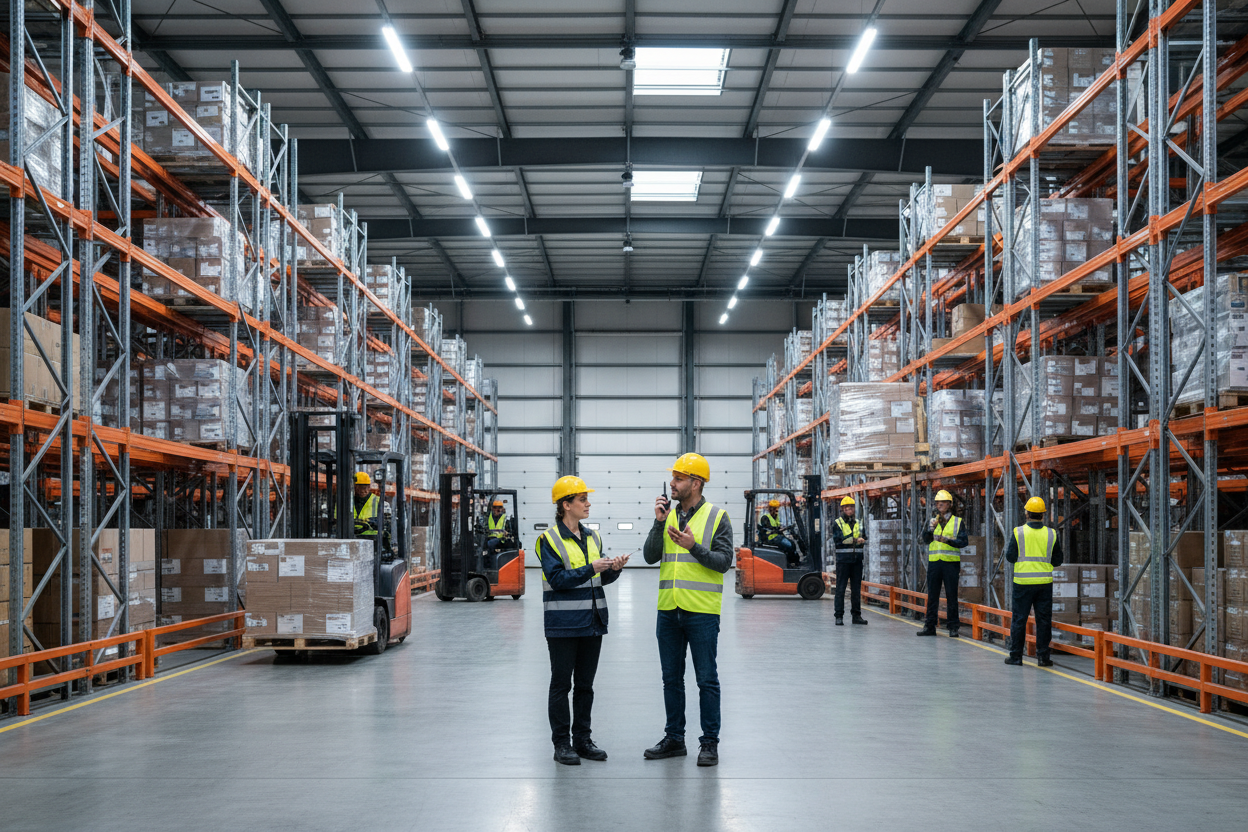 Warehouse workers with forklifts using two-way radios