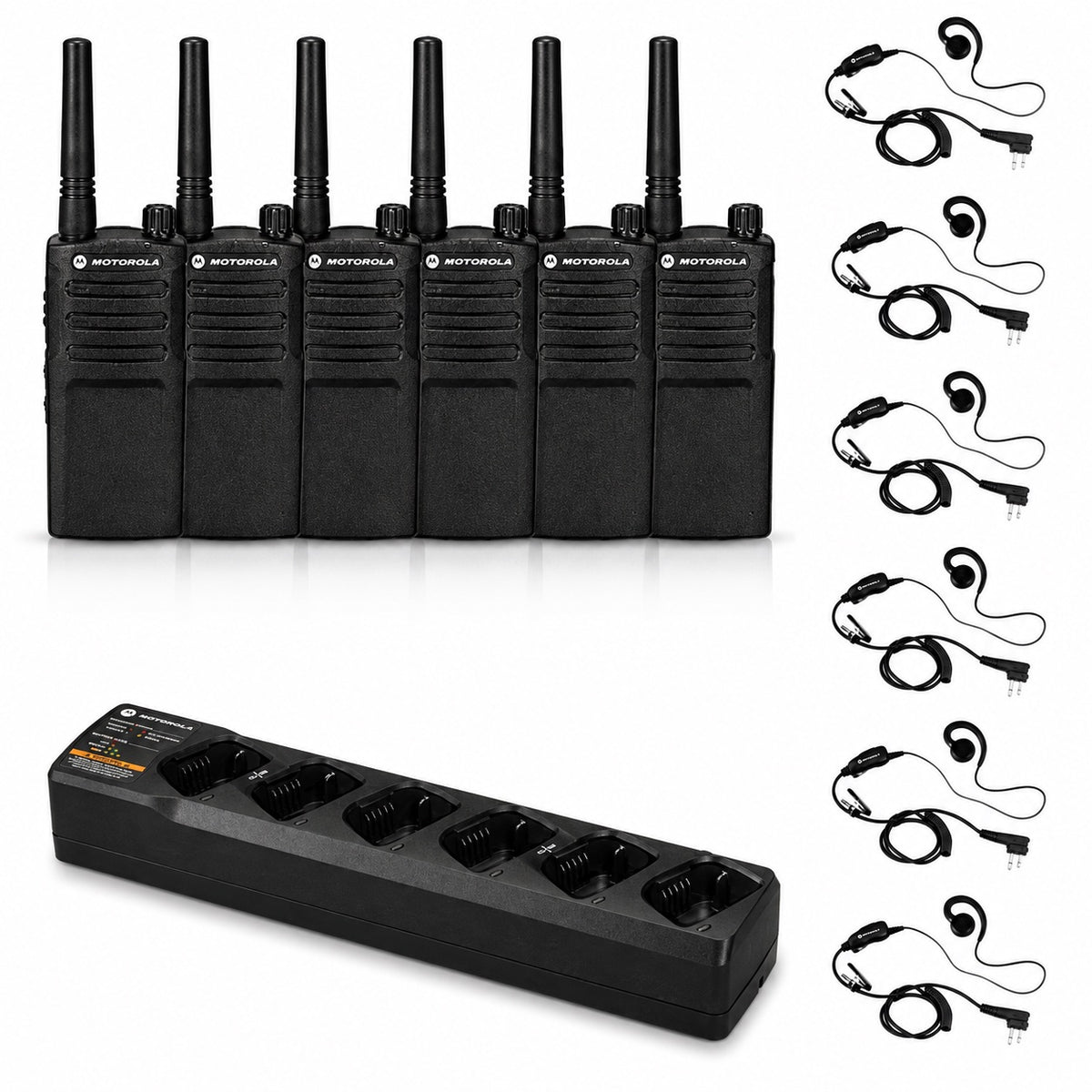 Motorola RMU2040 6-Pack UHF Business Two-Way Radios with HKLN4604 Earpieces & PMLN6384 6-Unit Bank Charger