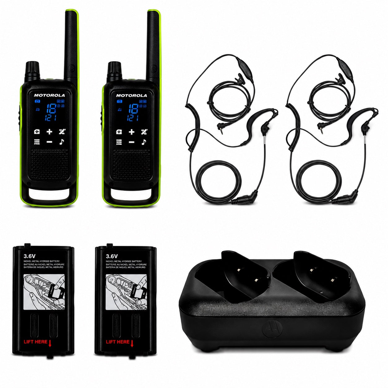 Motorola TALKABOUT T803 Two-Way Radio Bundle Pack with Curl PTT Earpieces, Rechargeable Batteries & Dual Charger