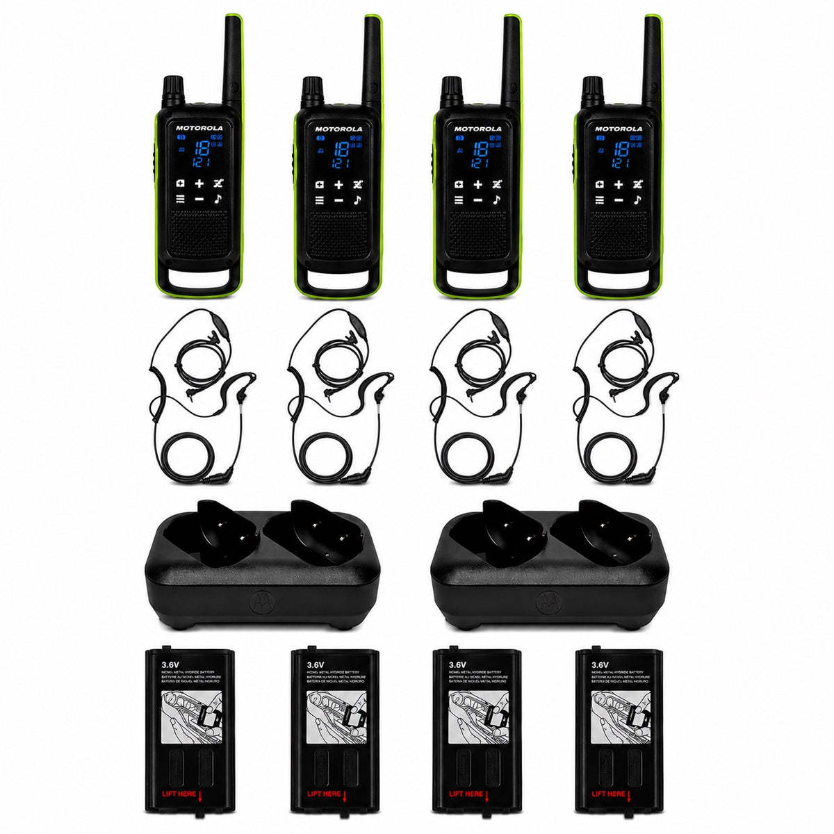 Motorola TALKABOUT T803 Two-Way Radio Bundle Pack with Curl PTT Earpieces, Rechargeable Batteries & Dual Charger