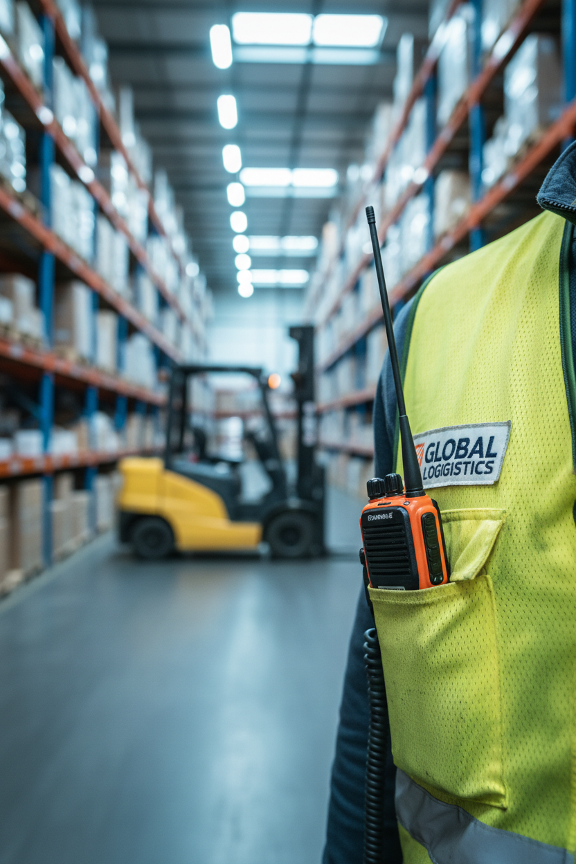 Radio clipped to warehouse worker vest