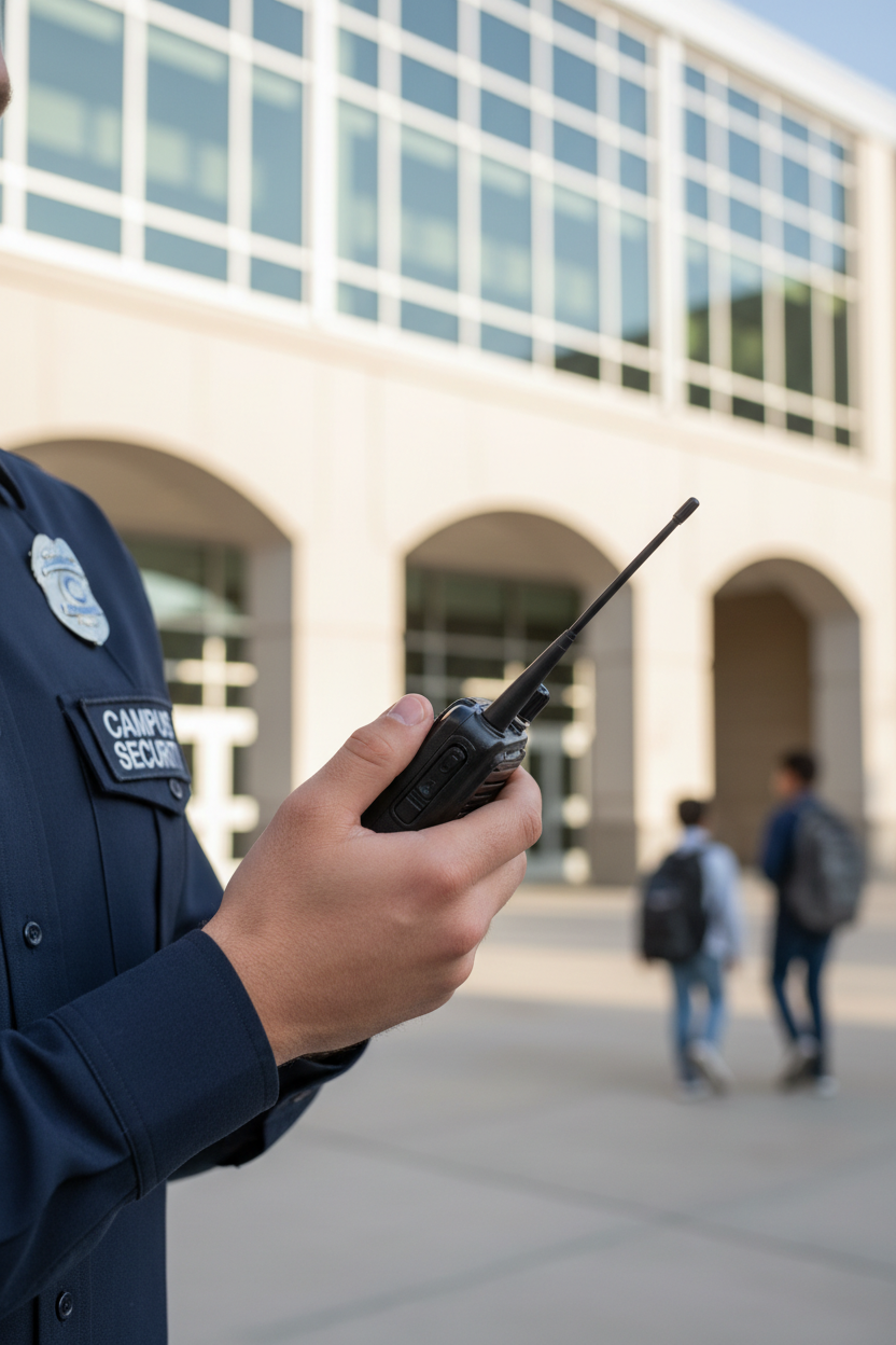 Radio in campus security officer's hand