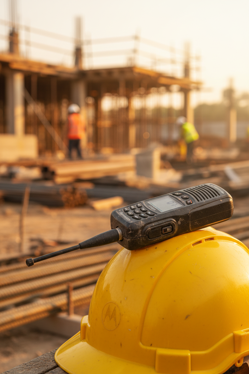 Radio on construction hard hat